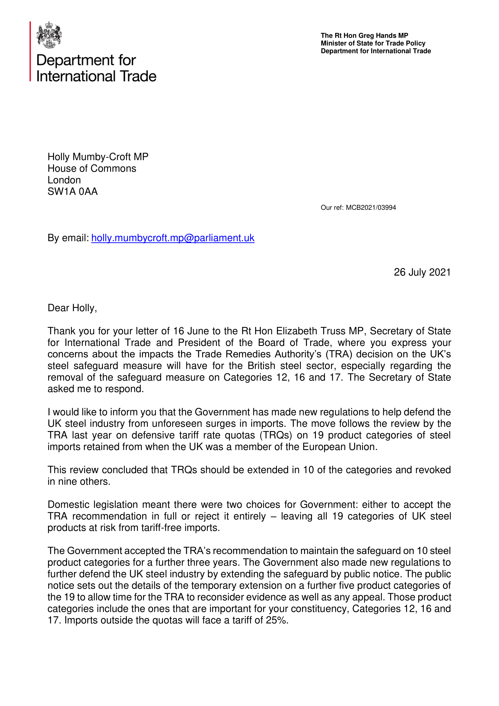 Letter from Trade Minister