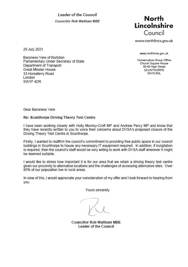 Letter from Cllr Waltham to Transport Minister