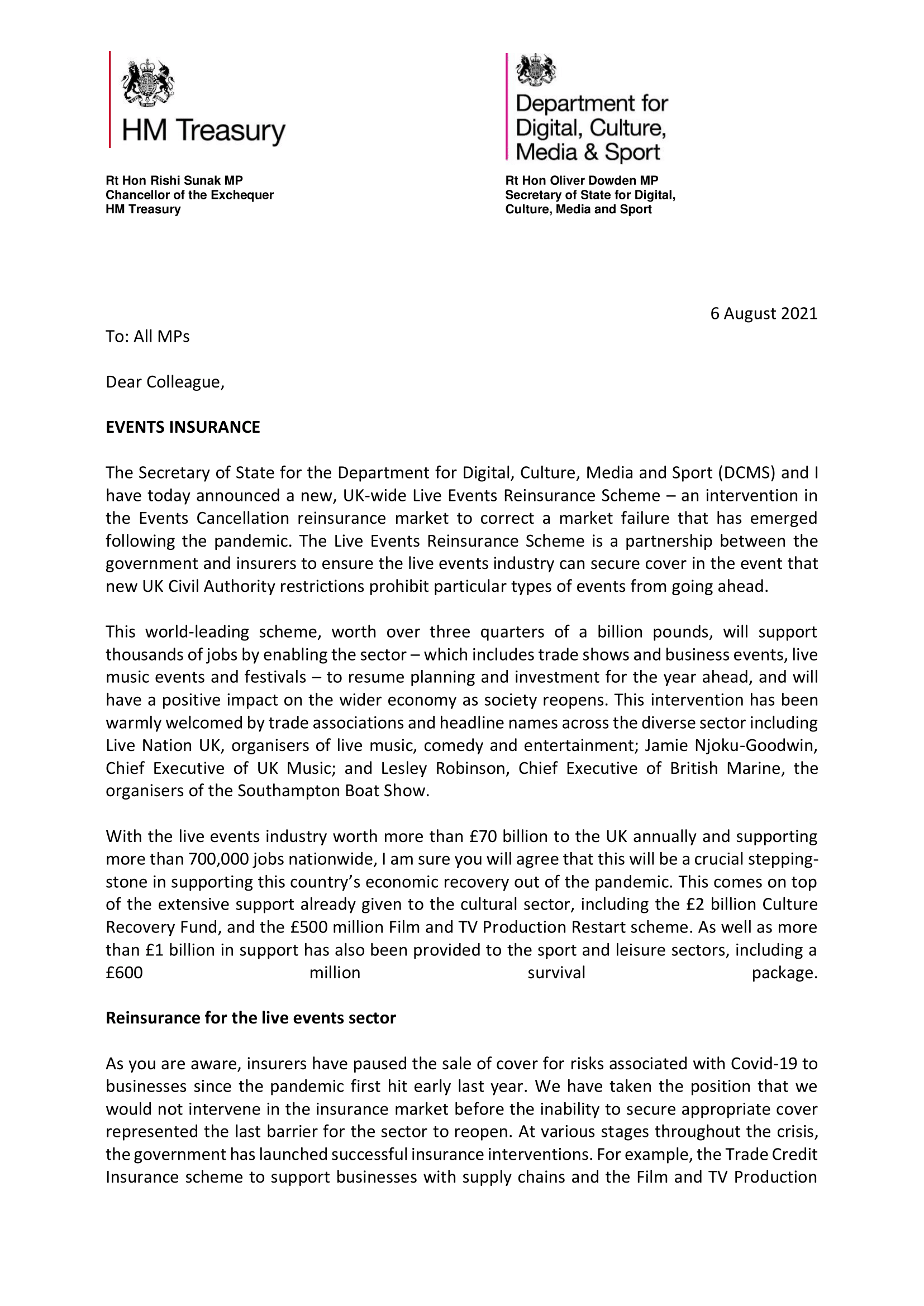 Letter from Chancellor and DCMS Secretary on Live Events Reinsurance Scheme