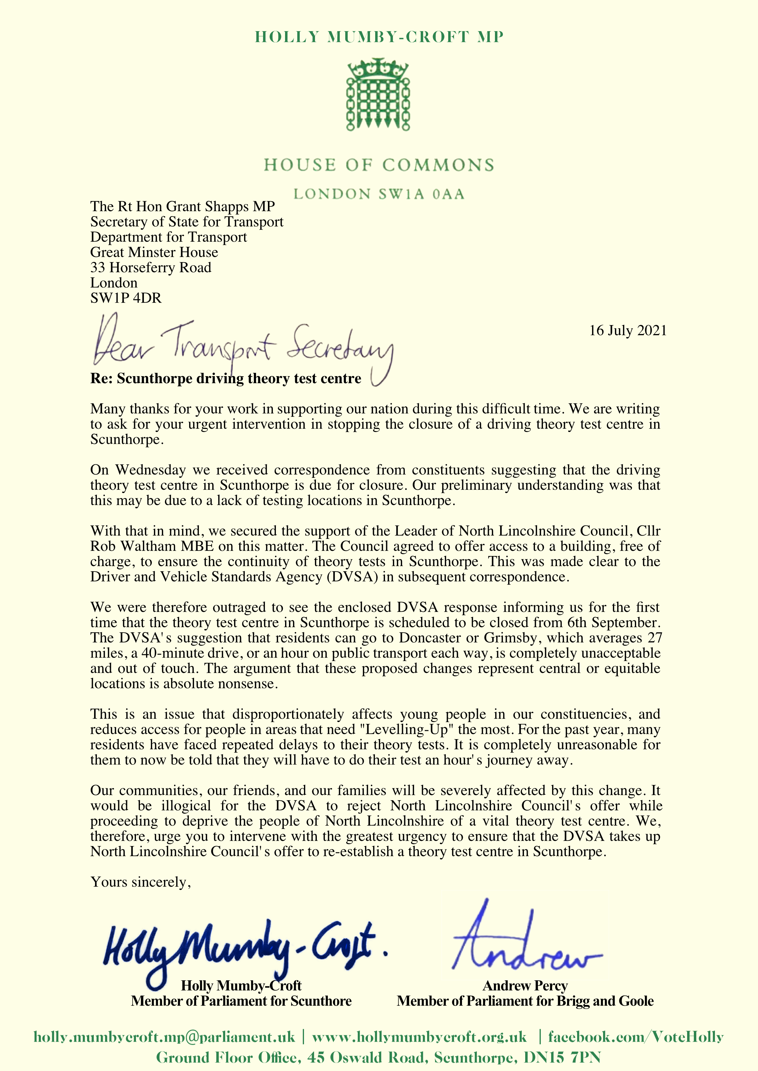 Letter to Transport Secretary 