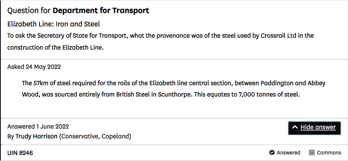 Written Question on steel use on Elizabeth Line project