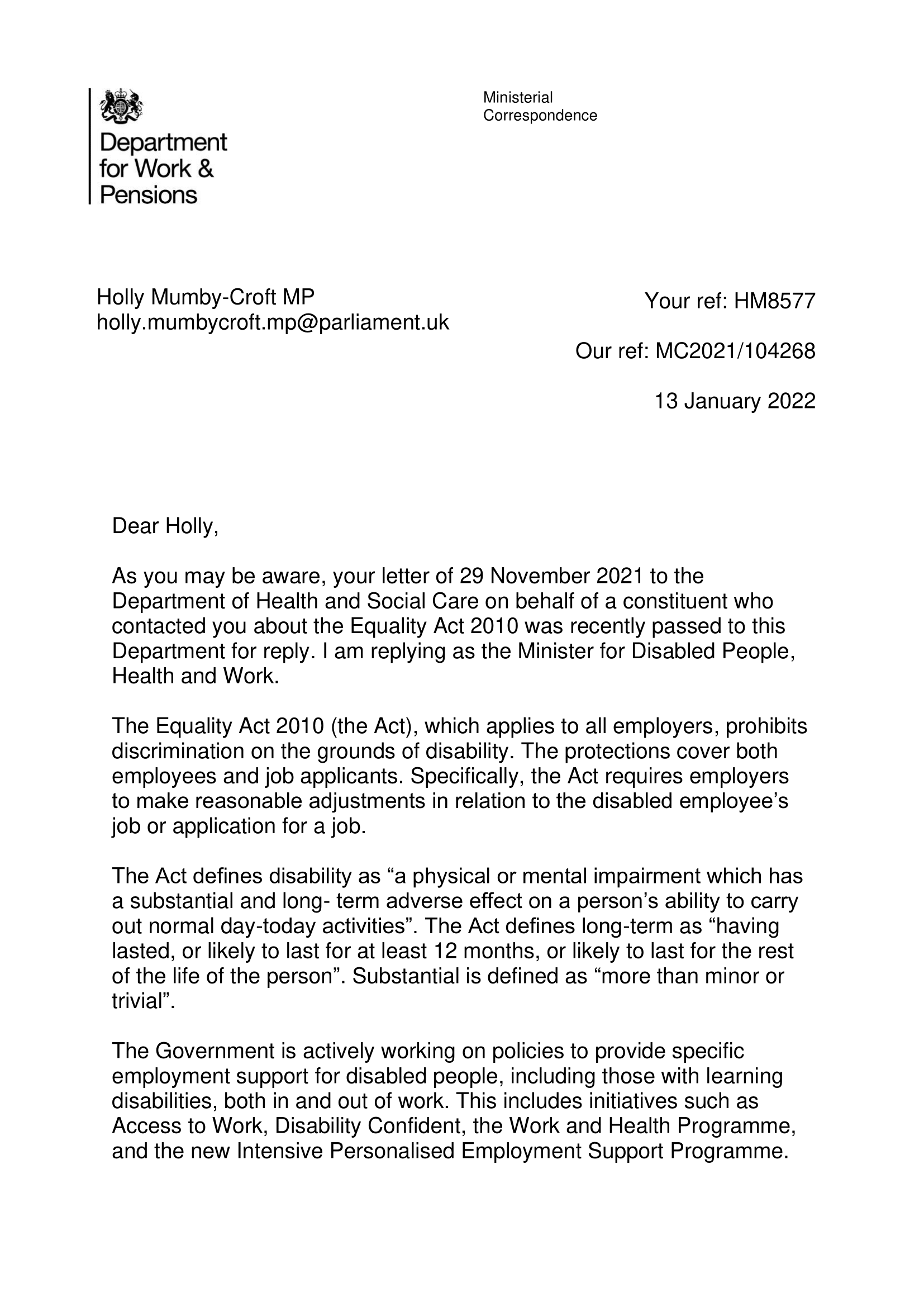 First Page of Ministerial reply