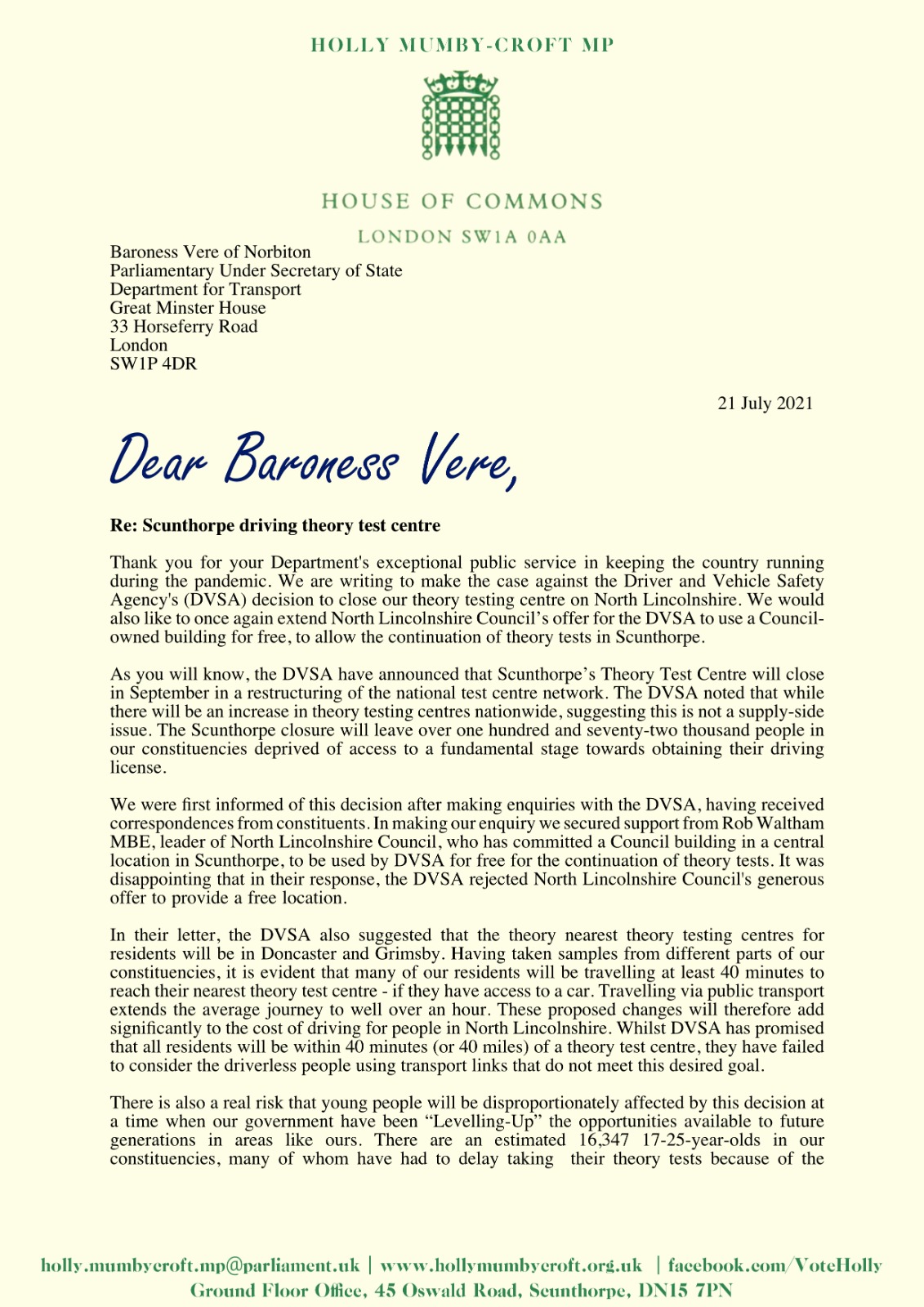 Letter to Baroness Vere
