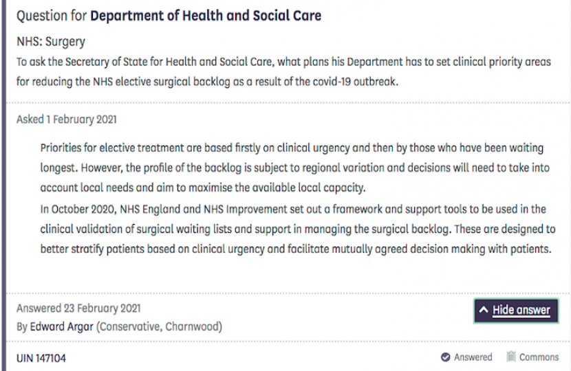 Written Question on setting of Clinical Priority Areas for extra support