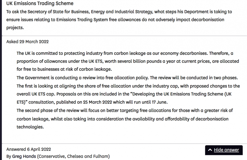Written Question on impact of ETS on decarbonisation plans